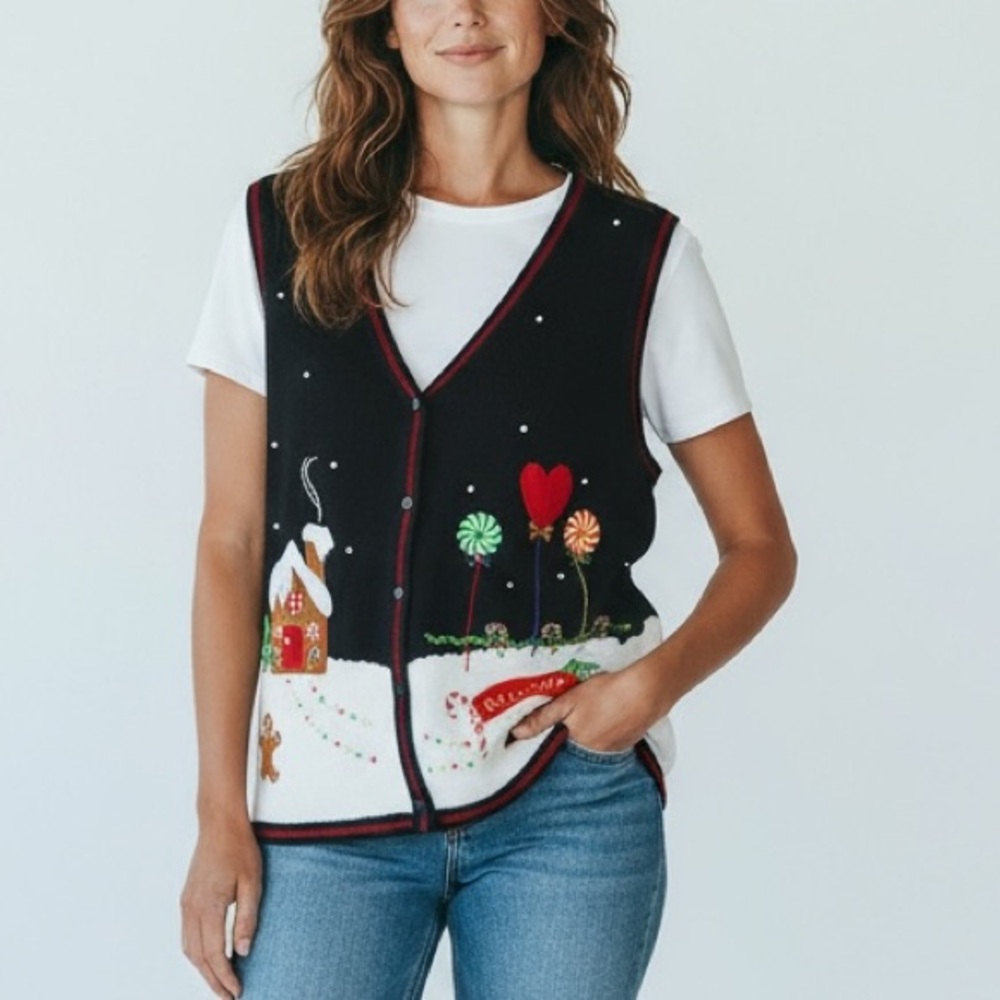 Vintage Gingerbread House Christmas Sweater Vest XL Holiday Candy Snow Scene